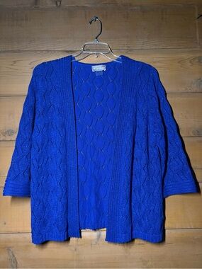Vintage TanJay Blue Knit Cardigan- Size Medium- Sparkle Open Pointelle Knit